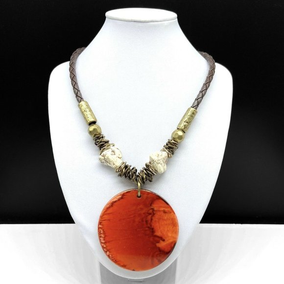 Chico’s Brown Leather Statement Necklace Orange